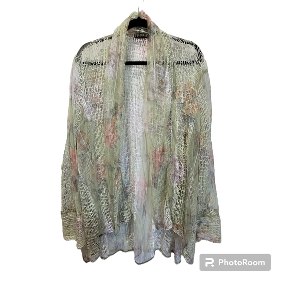 Picadilly ONE SIZE Floral Green Kimono Coverup Beachy Metallic Mesh Cardigan - Picture 1 of 7
